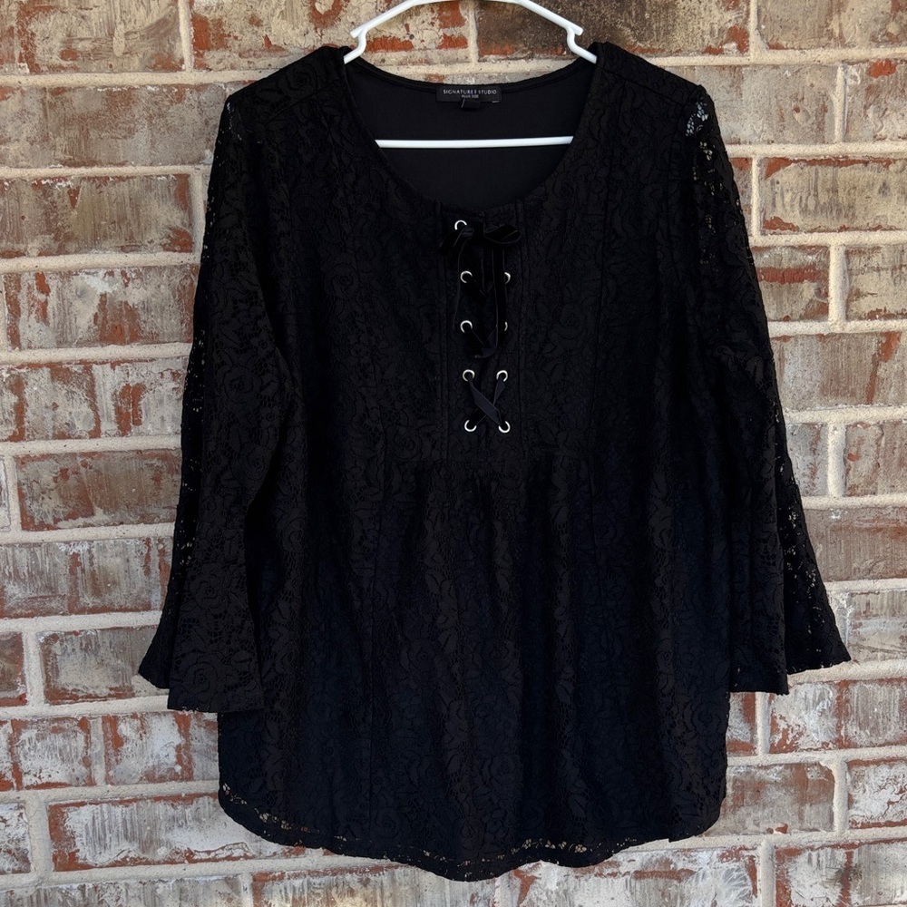 Signature Studio Black Lace Boho Sleeved Lace up Top